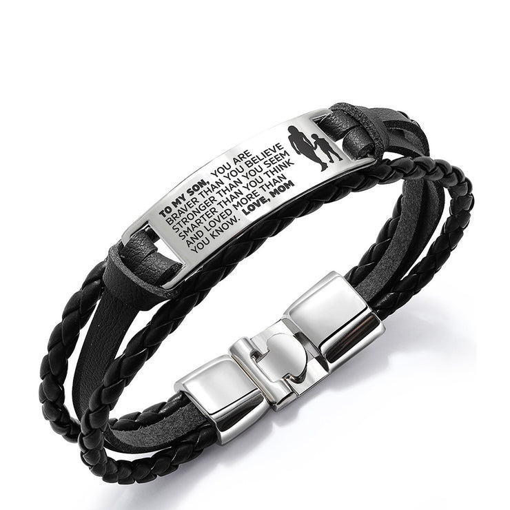 To My Son/Grandson, Leather Braided Men's Bracelet, You Are Braver Than You Believe Inspirational Bracelet Gifts For Him-Jessemade AU