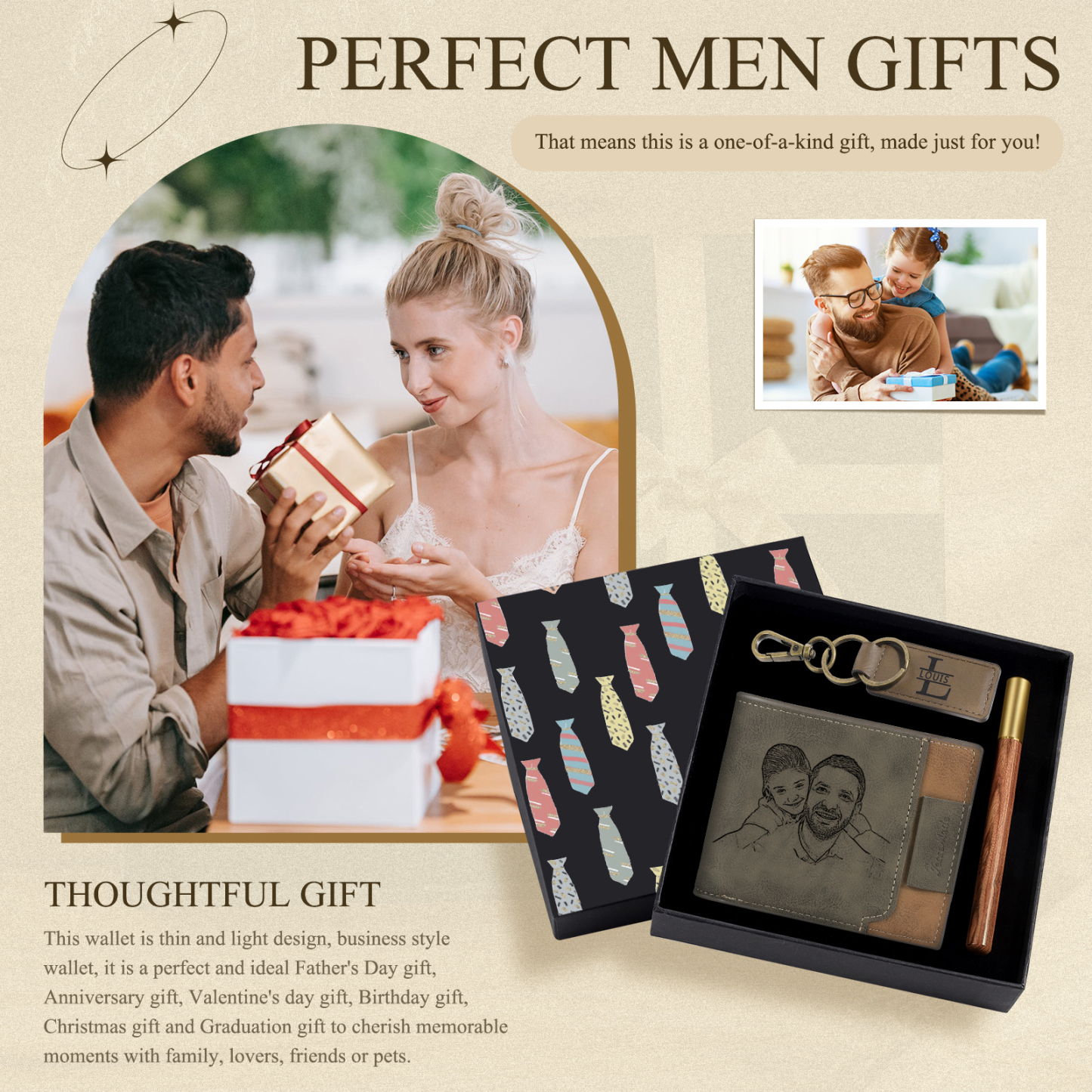 Personalised 1 Photo & 2 Names & 2 Letters Gift Set Custom Wallet & Keychain & Pen Gift Box Set Father’s Day Gift for Him-Jessemade AU