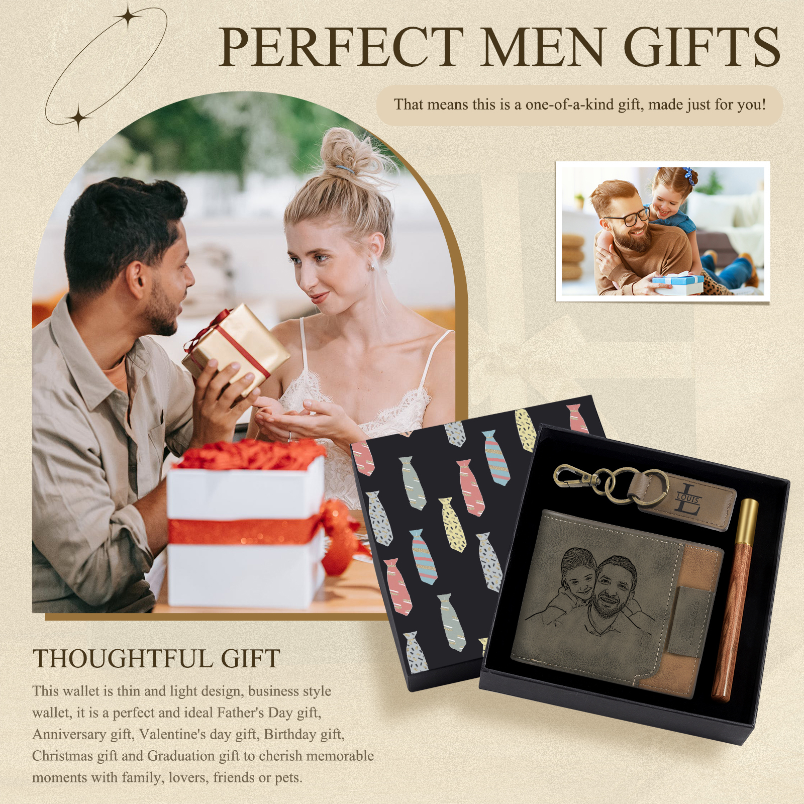 Personalised 1 Photo & 2 Names & 2 Letters Gift Set Custom Wallet & Keychain & Pen Gift Box Set Father’s Day Gift for Him-Jessemade AU