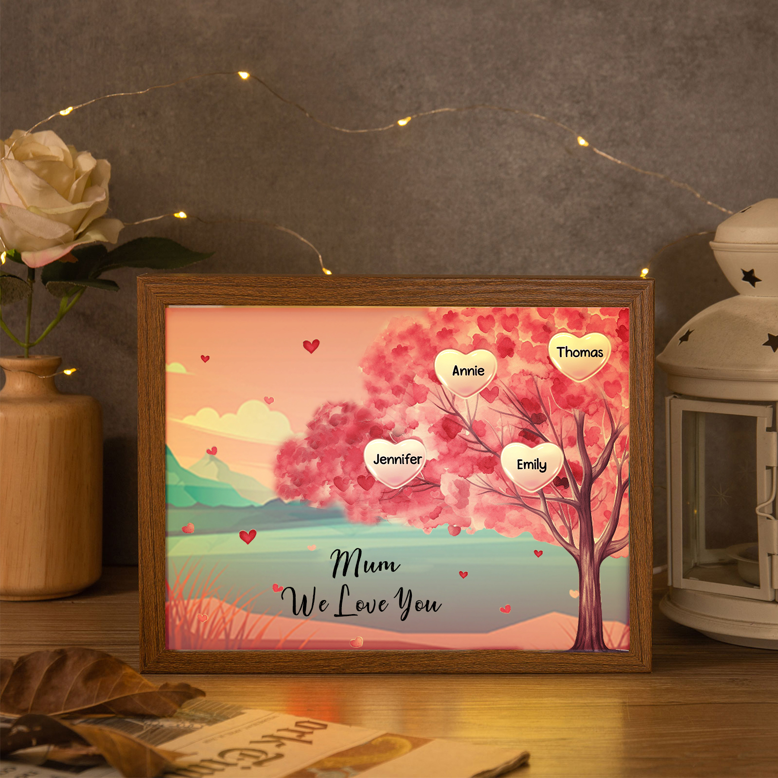 Personalised Frame Night Light Custom 1 Text  & 4 Names Pink Family Tree Ornament Gifts for Mother/Grandma-Jessemade AU