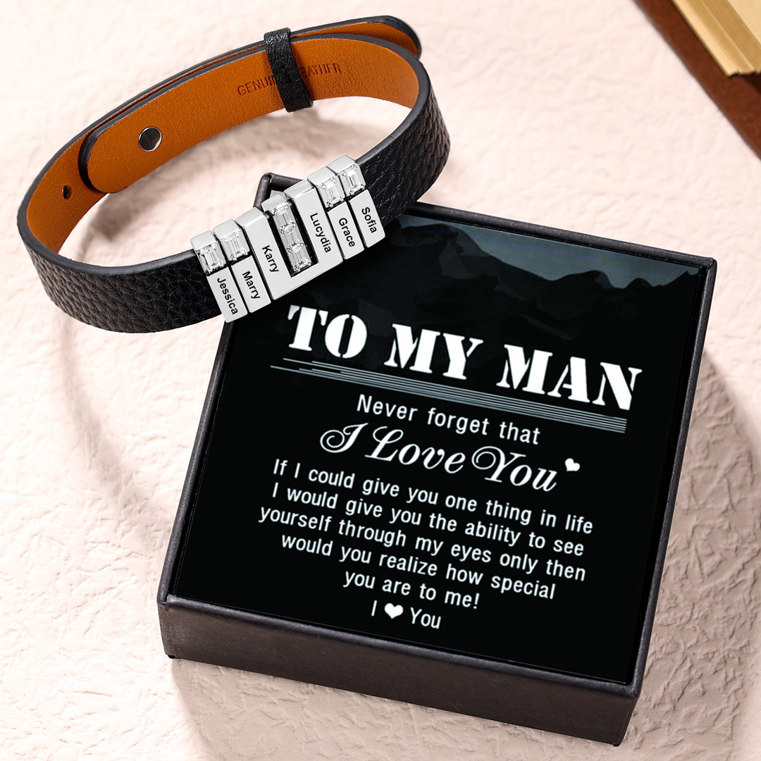 Personalised Leather Bracelet with Beads Engraved 8 Names Bangle for Him-Jessemade AU