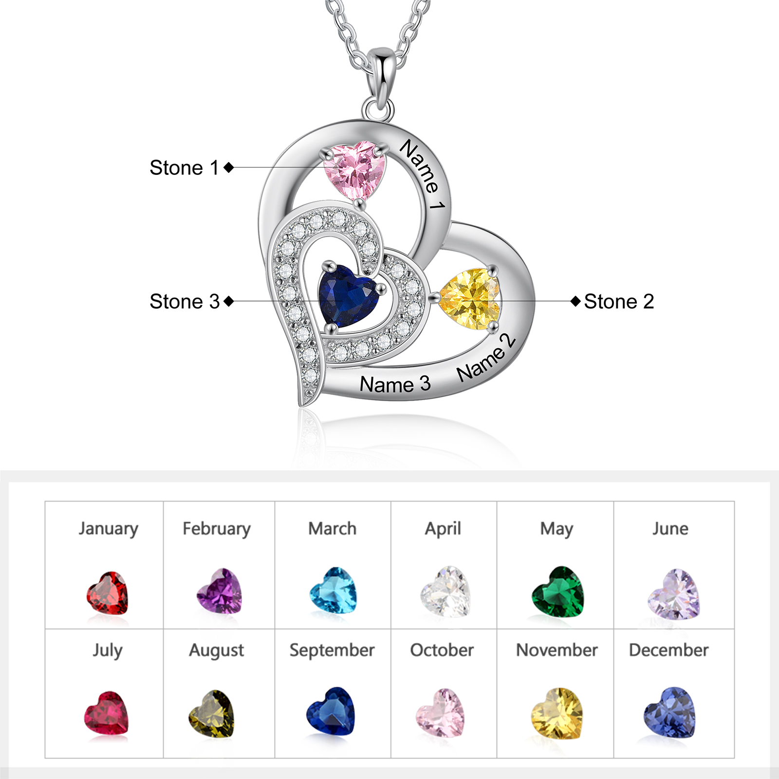 Personalised Heart Necklace With 3 Birthstones Engraved Names Gift For Her-Jessemade AU