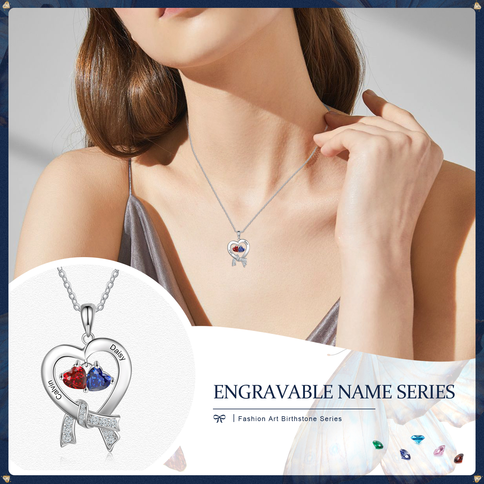 Personalised Heart Necklace With 2 Birthstones Custom Names Best Gift For Women-Jessemade AU