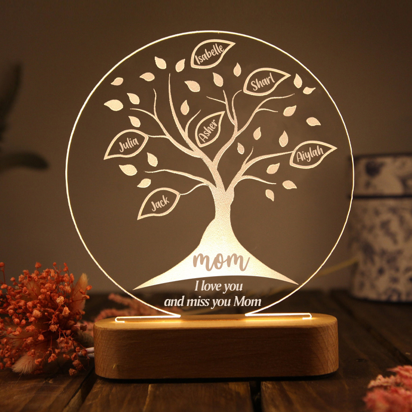 Personalised Family Tree Night Light Engraved 6 Names Wooden LED Lamp-Jessemade AU