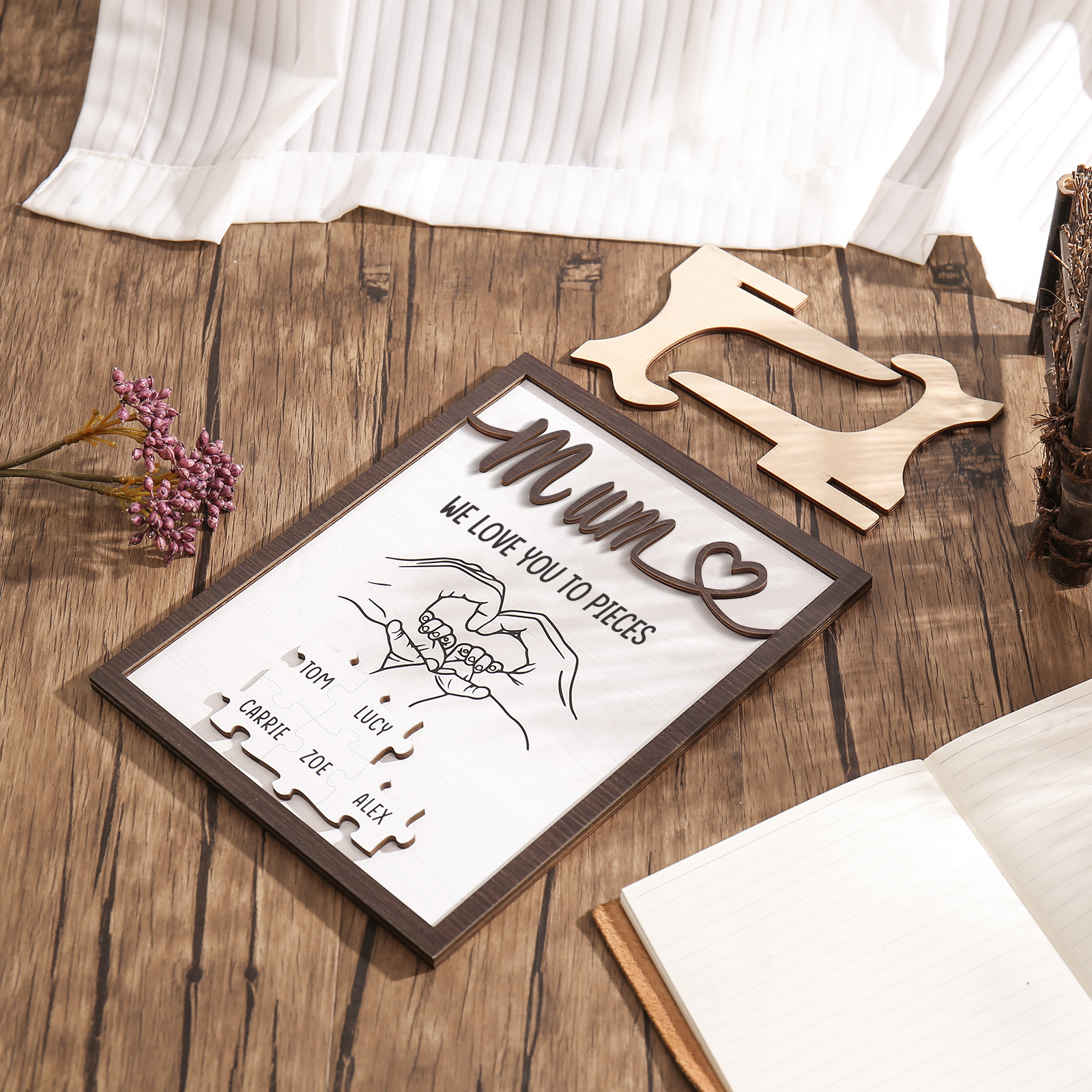 Personalised Puzzle Pieces Wooden Plaque Custom 5 Names & Text & Salutation Holding Hands Family Wooden Sign With Stand Gifts for Mum-Jessemade AU