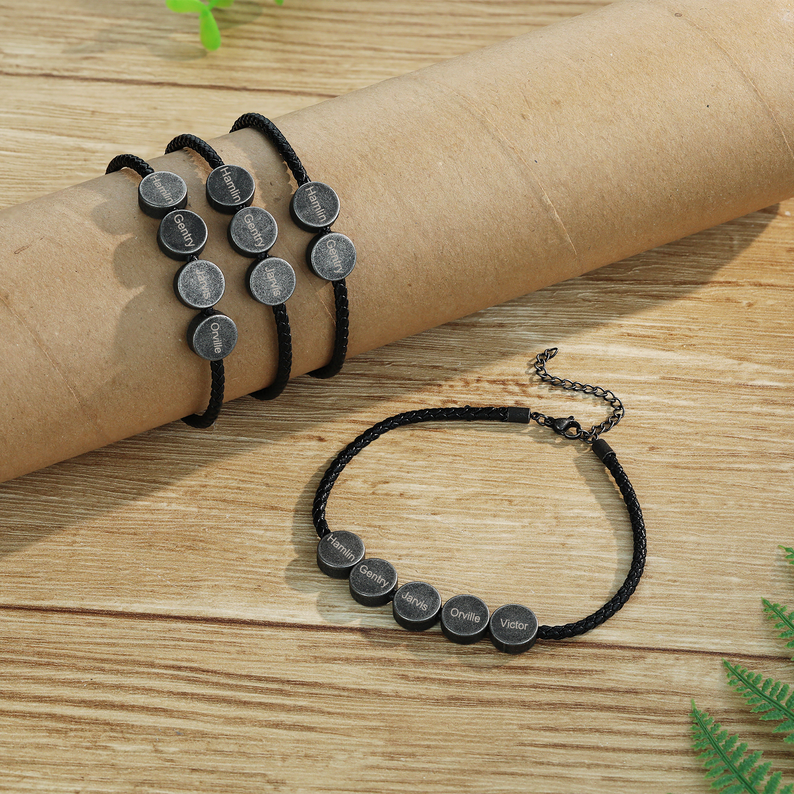 4 Names - Vintage Men's Leather Bracelet Custom Names Beads Bracelet Stainless Steel Personalised Gift for Him-Jessemade AU