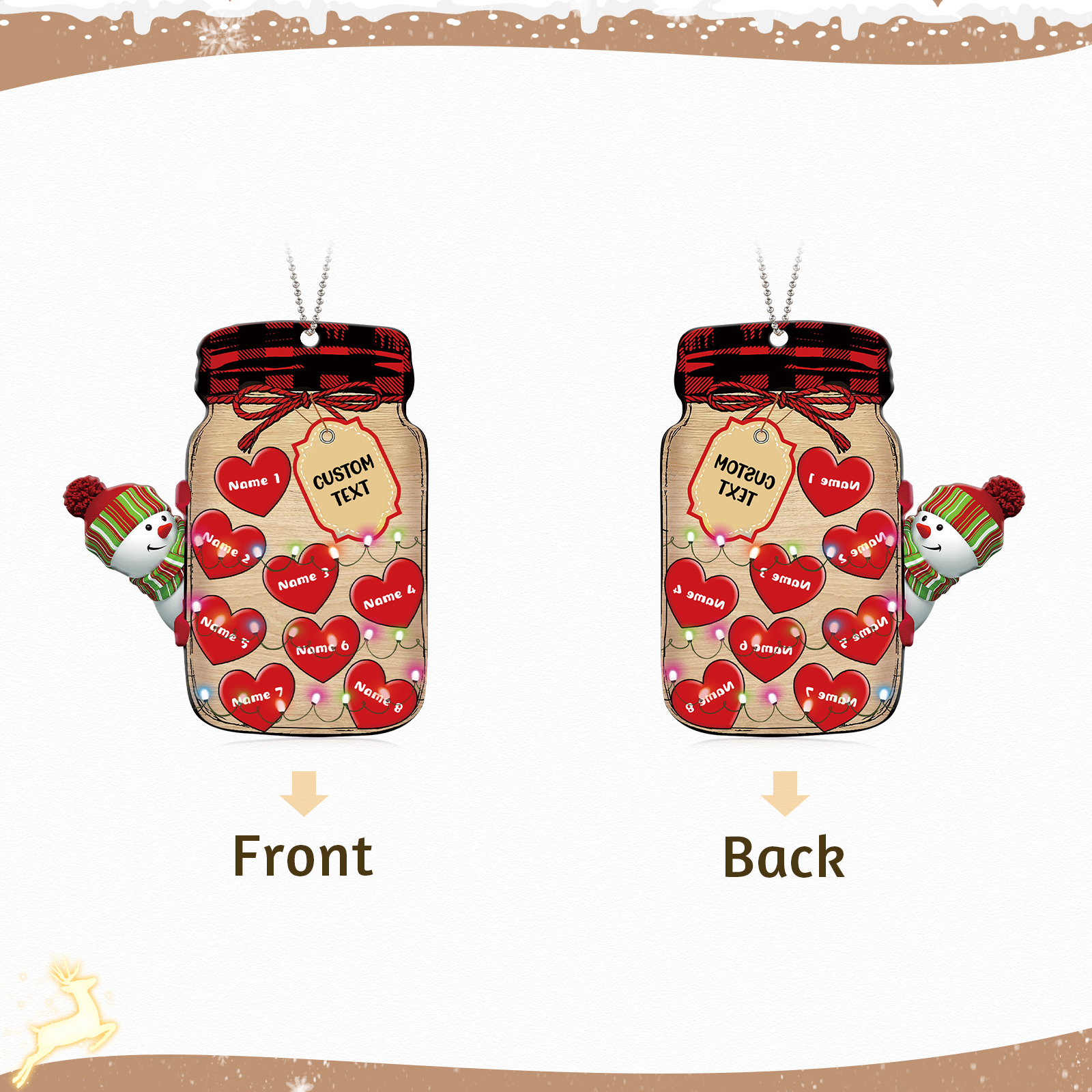 8 Names - Personalised Heart Christmas Ornament Customised Name & Text Acrylic Snowman Hanging Ornaments Jar Gift for Family-Jessemade AU