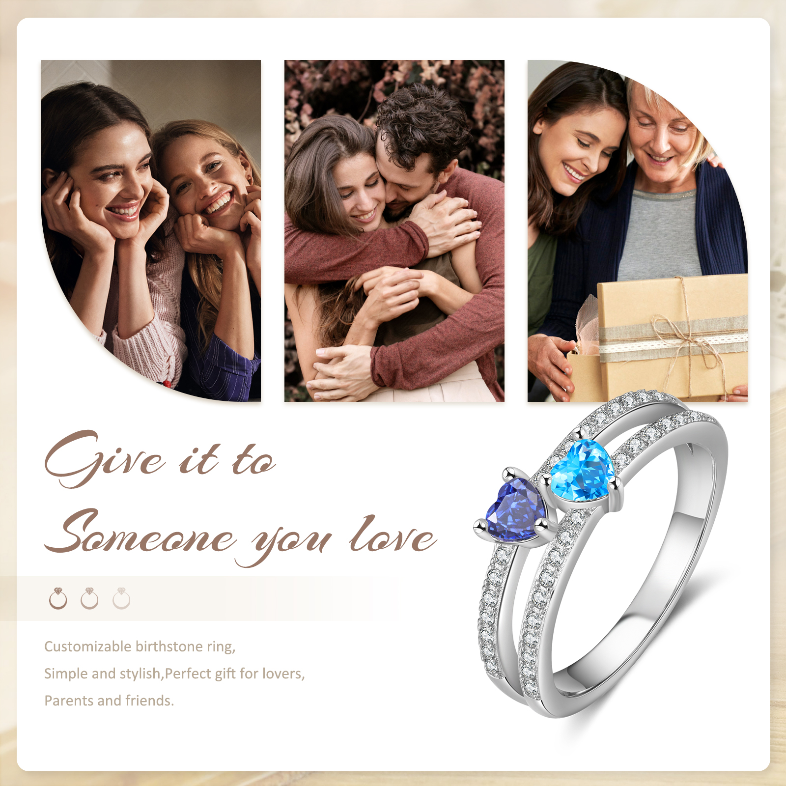 Personalised Women's Ring Customised 2 Birthstones Heart Ring Birthday Gift for Women Girls-Jessemade AU