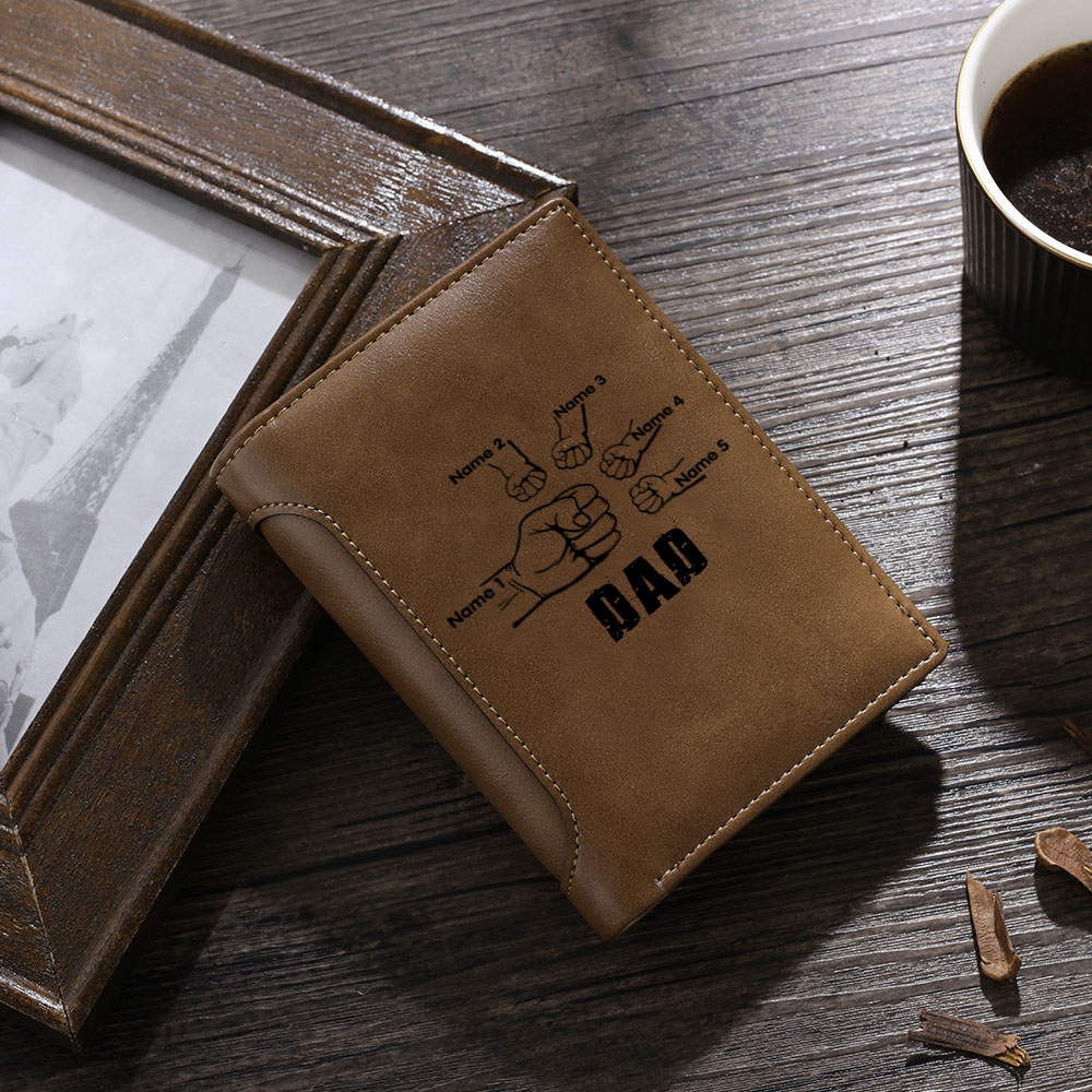 5 Names - Personalised Men Leather Wallet Custom Text & Name Folding Wallet Fist Bump Wallet Gift for Dad-Jessemade AU