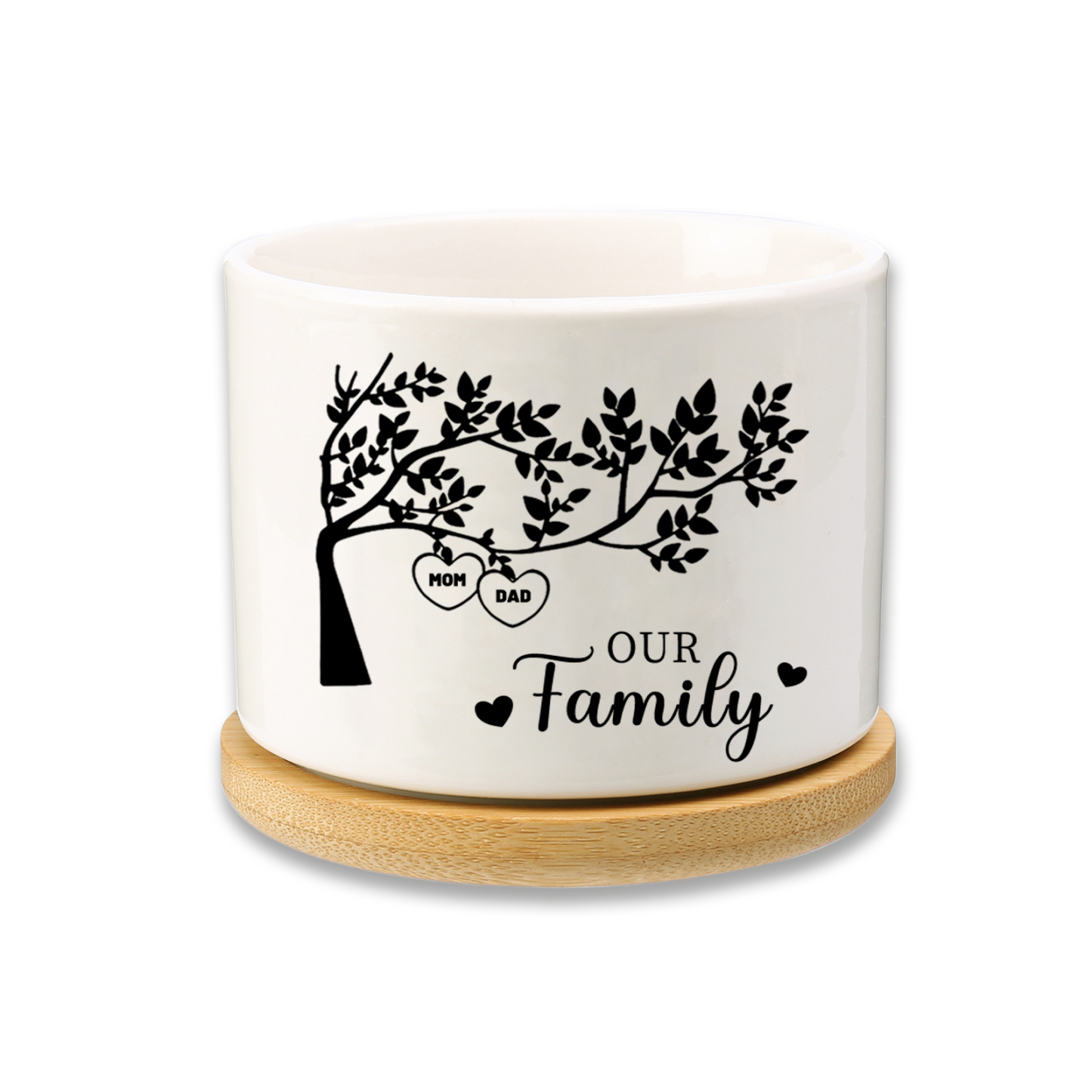 Personalised 2 Names & 1 Text Family Tree Flowerpot Custom Ceramic Flowerpot with Wooden Base Gift for Mother/Grandma-Jessemade AU