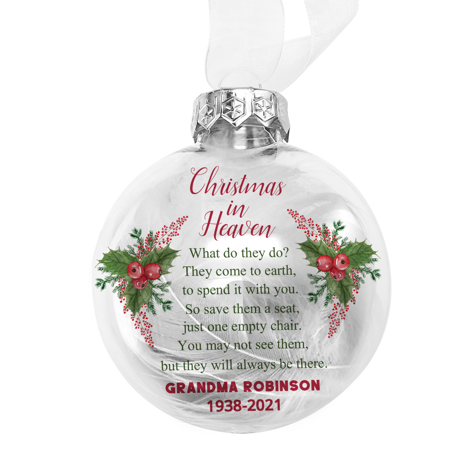 Memorial Ball Feather Ornaments Custom Text Christmas Hanging Ornament Commemorate Deceased Loved Ones - Christmas In Heaven-Jessemade AU