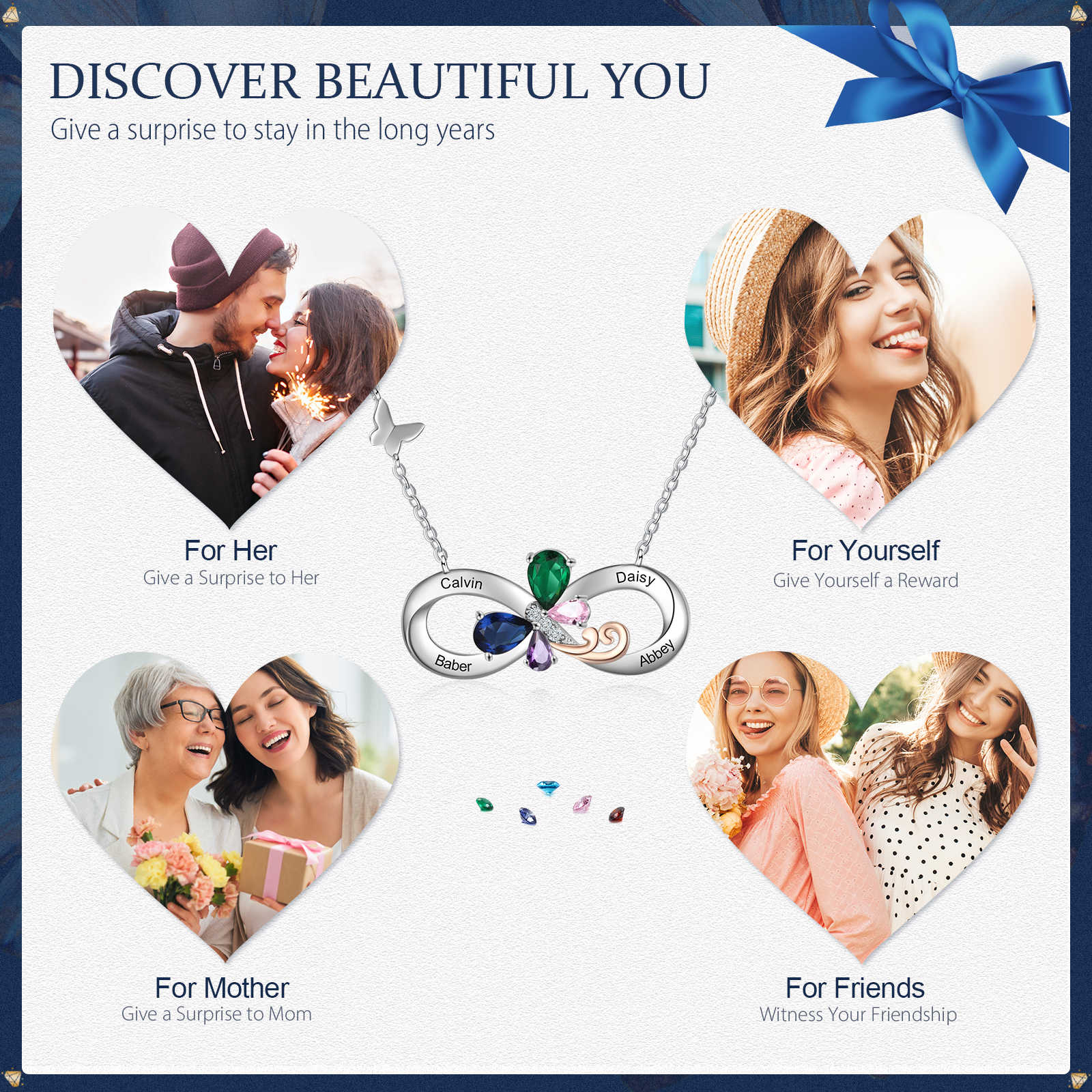 Personalised Infinity Butterfly Necklace With 4 Birthstones Engraved Names Gift For Women-Jessemade AU