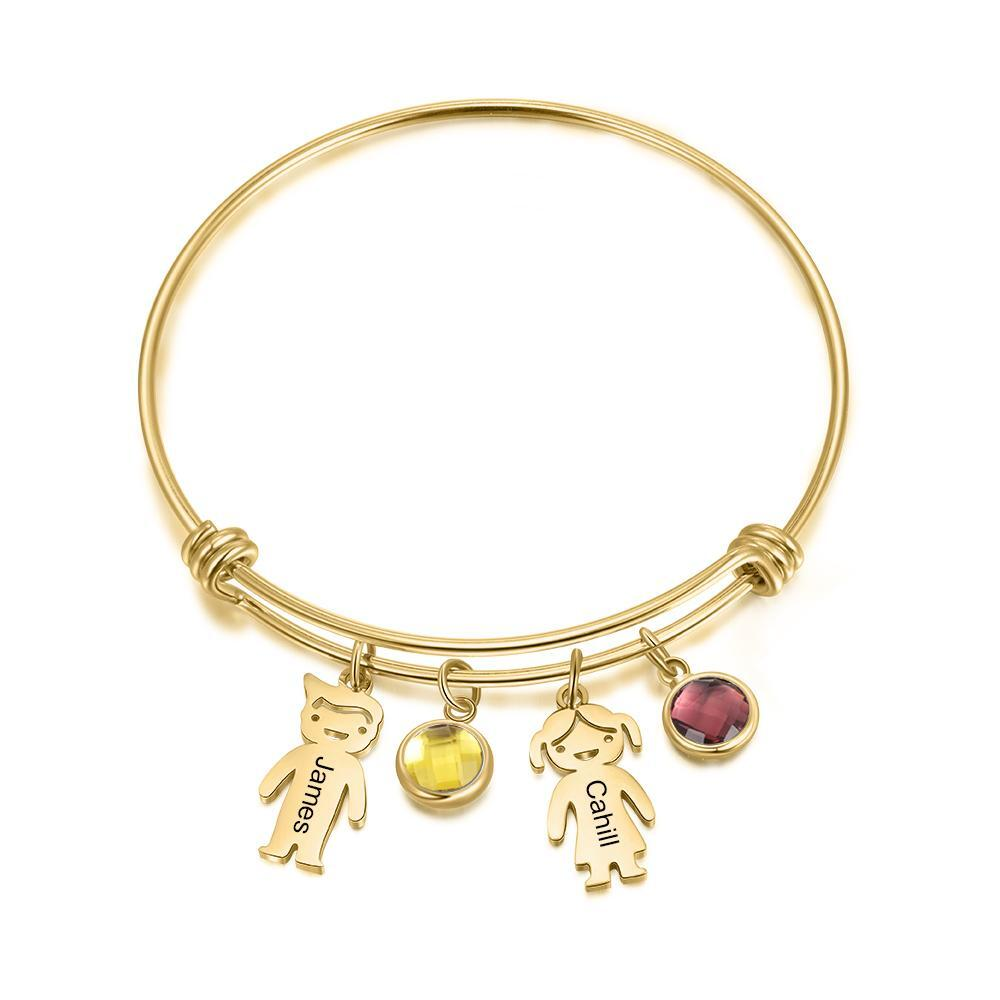Personalised Kid Charms Bangle Bracelet With Names Customised 2 Birthstones Gift for Her-Jessemade AU