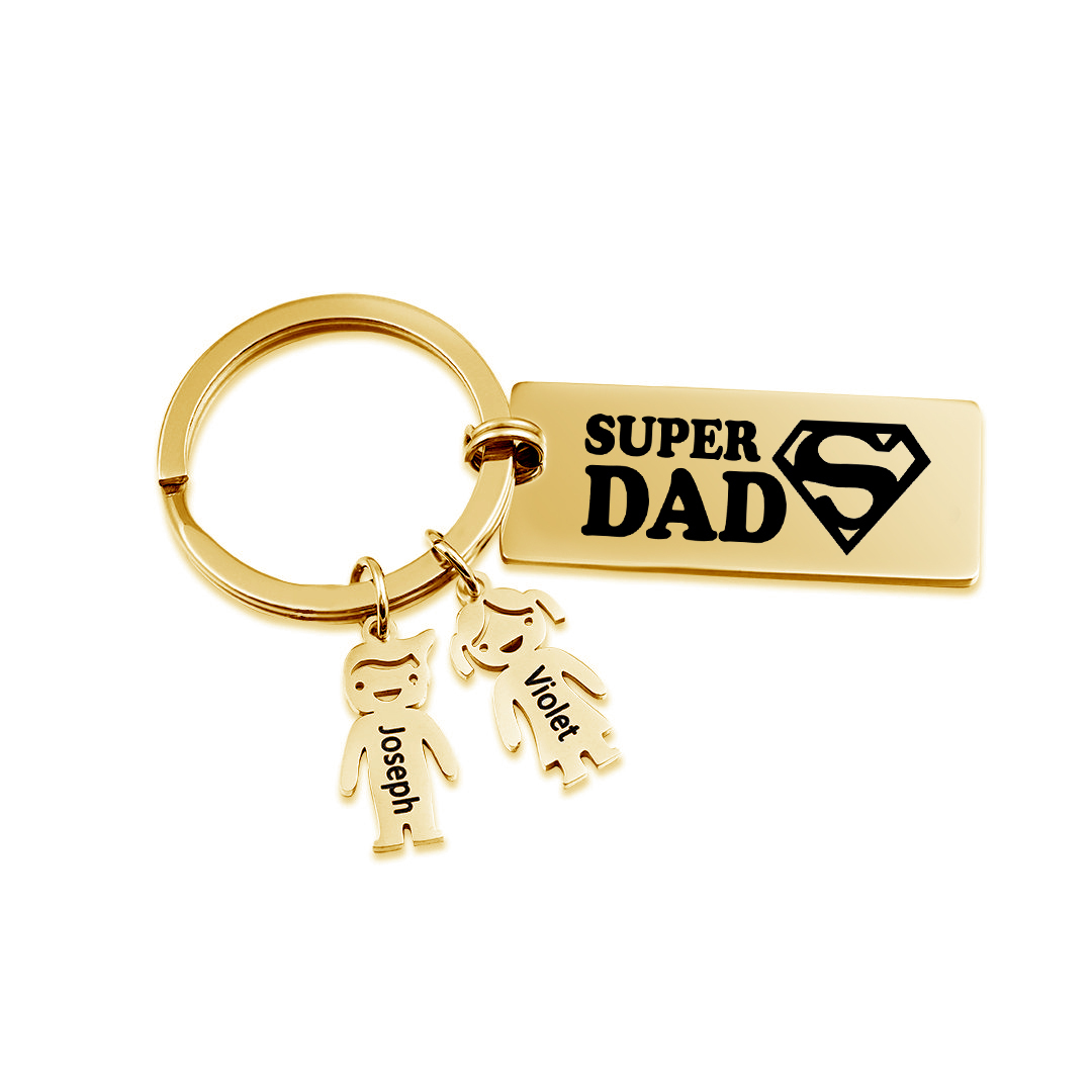 Father's Day Gift Personalised Super Dad Keychain Engraved 2 Kid Charms-Jessemade AU