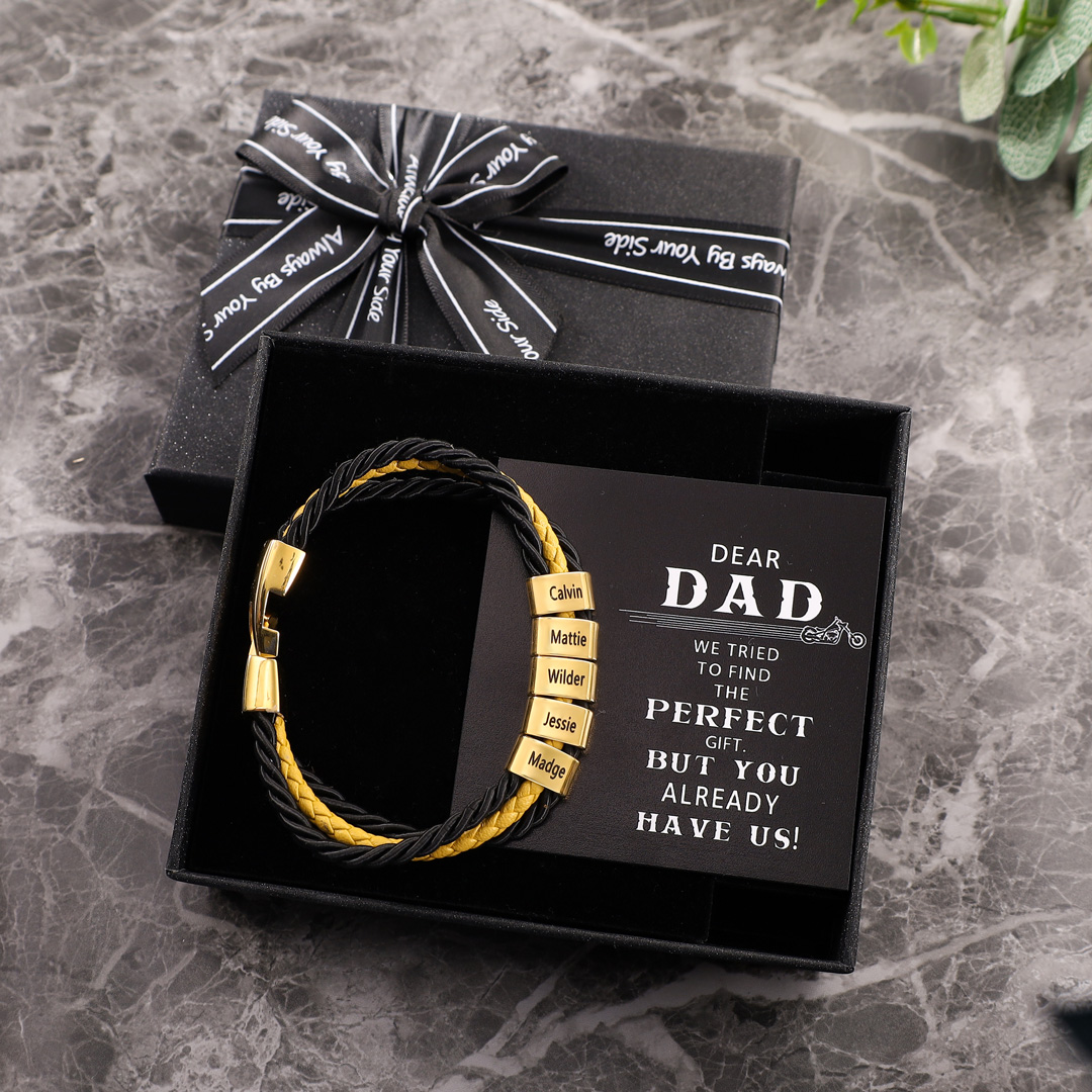 Mens Leather Bracelet Braided Layered Leather with 5 Beads 5 Names Gold-Jessemade AU