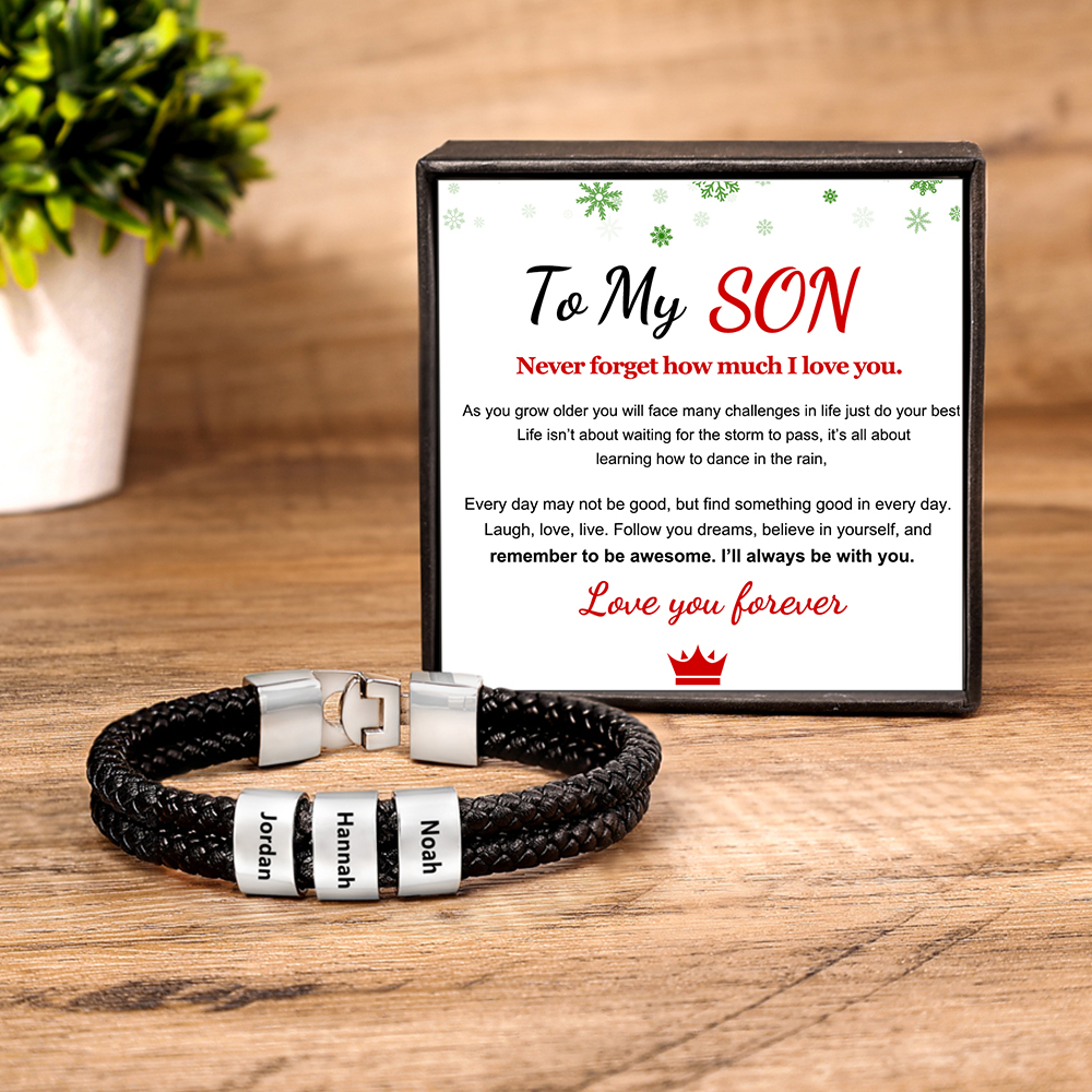 Personalised Braided Leather Bracelet Engraved 3 Names Men's Bracelet for Him-Jessemade AU