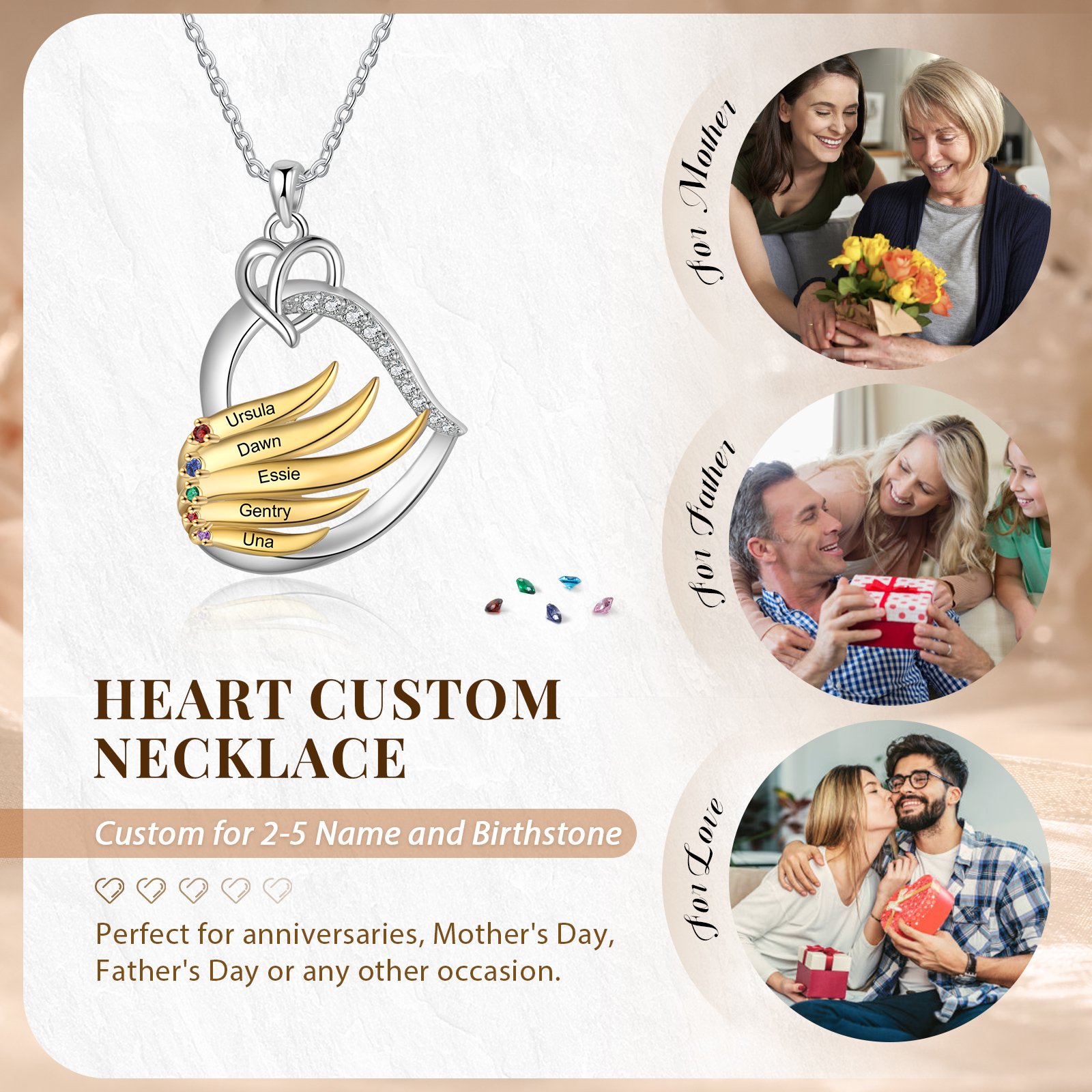 Personalised Golden Intertwined Heart Pendant Necklace Custom 5 Birthstones & 5 Names Necklace Gifts for Her-Jessemade AU