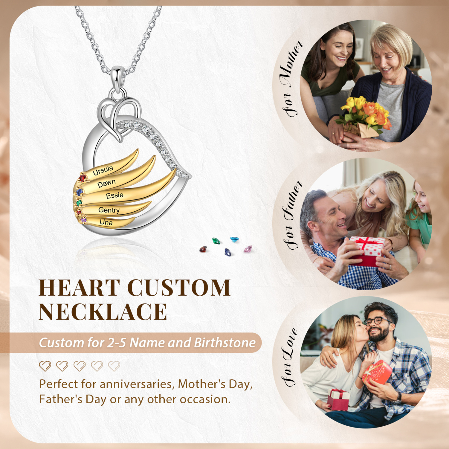 Personalised Golden Intertwined Heart Pendant Necklace Custom 5 Birthstones & 5 Names Necklace Gifts for Her-Jessemade AU