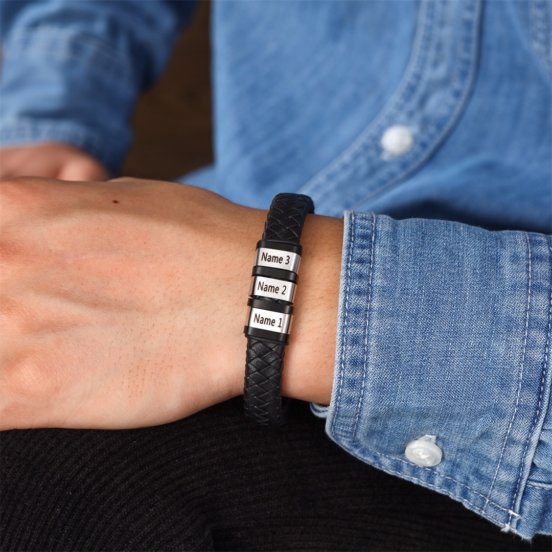 Men Leather Braided Bracelet Personalised with 3 Names Black-Jessemade AU