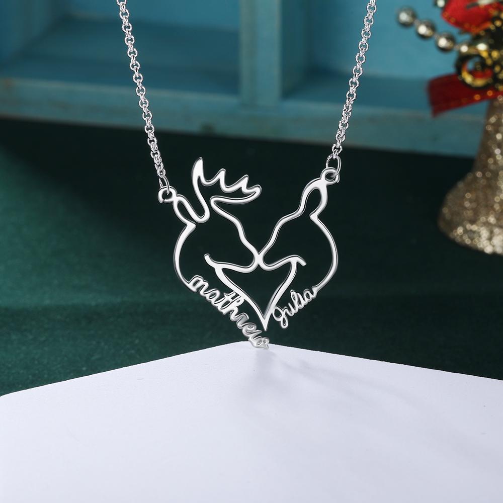 Heart Shape Christmas Deer Name Necklace Personalised 2 Names-Jessemade AU
