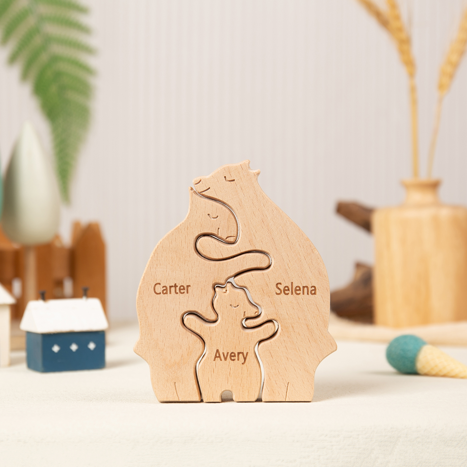 Personalised Wooden Animal Puzzle Custom 3 Names Puzzle Whale Bear Rabbit Hug Ornament Gifts for Family-Jessemade AU