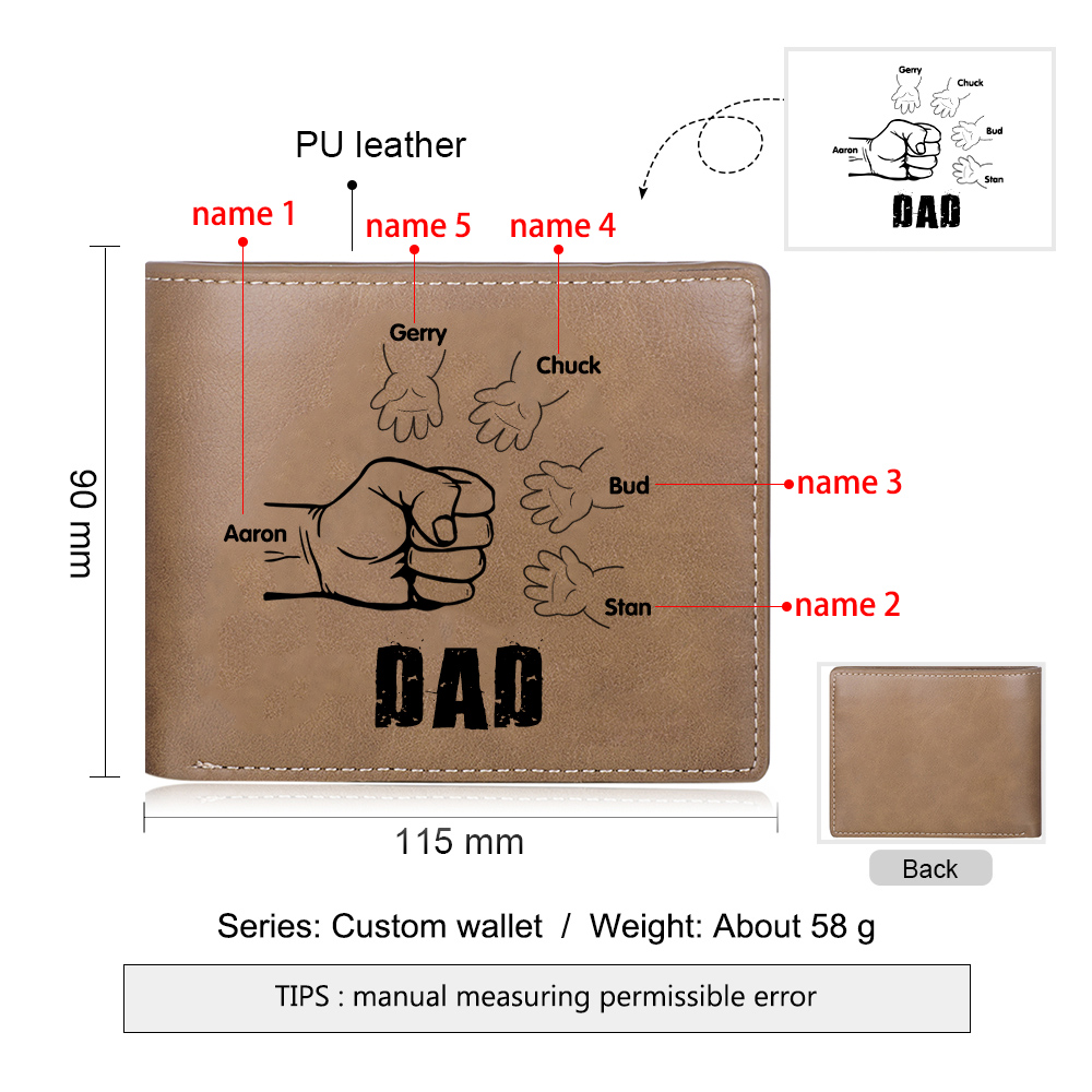 5 Names - Personalised Men Leather Wallet Engraved Names Brown Wallet Fist Bump Folding Wallet Gift For Dad-Jessemade AU