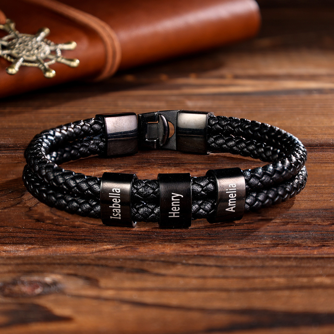 Personalised Braided Leather Bracelet Engraved 2 Names Men's Bracelet for Him
