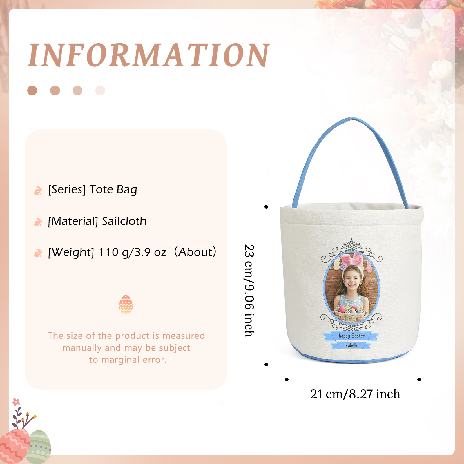 Easter Bunny Tote Bag Personalised Photo Bucket Bag Custom Name & Text White Basket Gifts For Kids-Jessemade AU