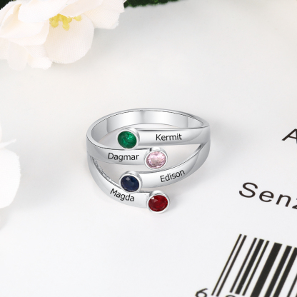 Personalised Ring With 4 Birthstones Engraved Names Ring Gift For Women-Jessemade AU