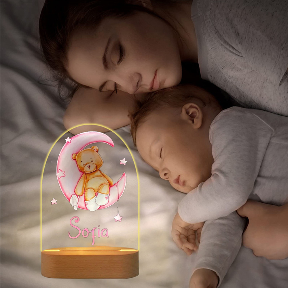 Personalised Bear and Moon Night Light Custom Name LED Lamp Baby Gift for Kids-Jessemade AU