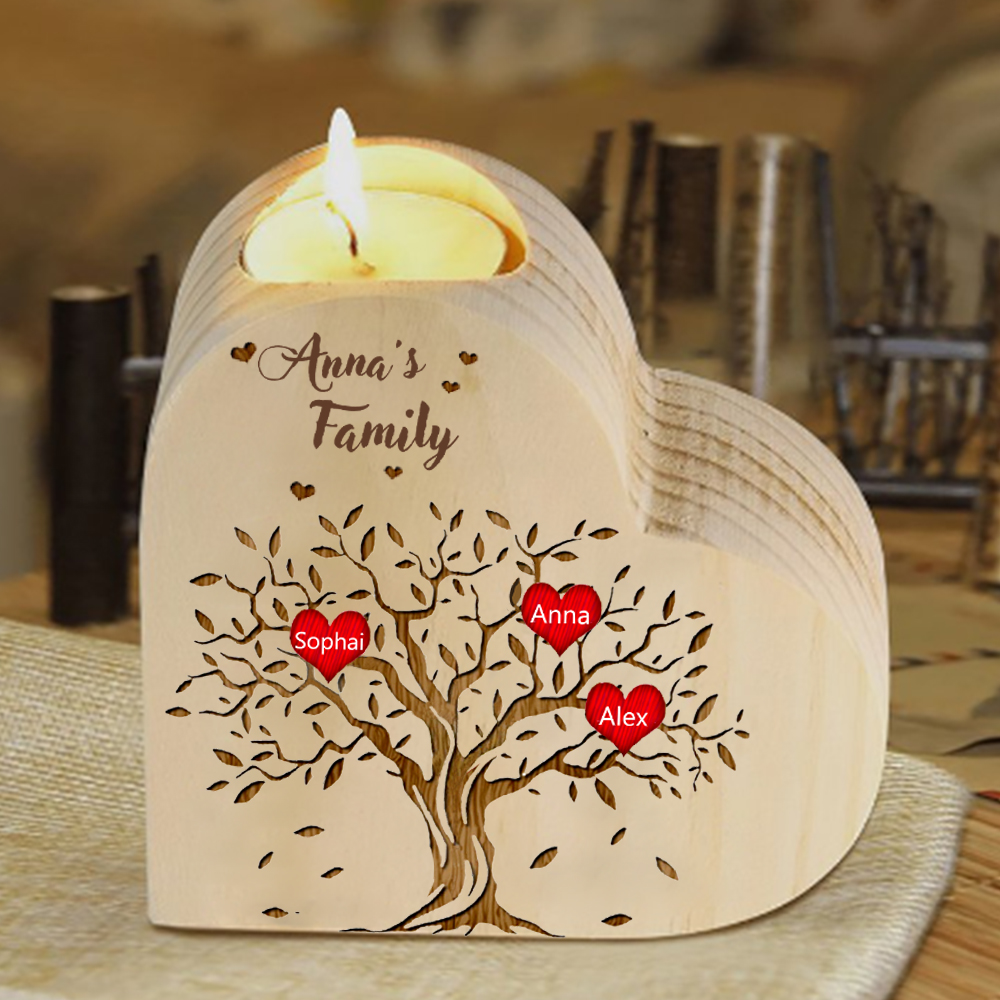 To My Family Wooden Heart Candle Holder Custom 3 Names Family Tree Candlesticks-Jessemade AU