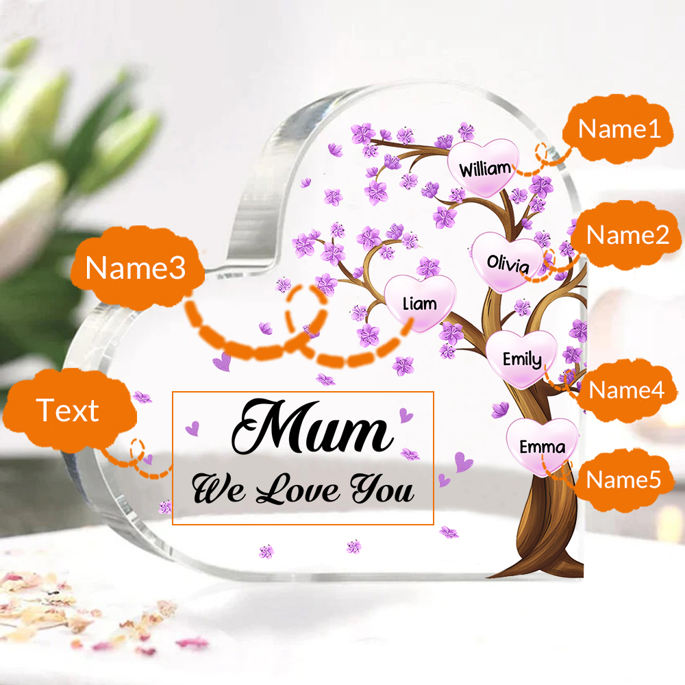 5 Names - Personalised Acrylic Heart Keepsake Custom Text Purple Flowers Tree Ornaments Gifts for Grandma/Mother-Jessemade AU