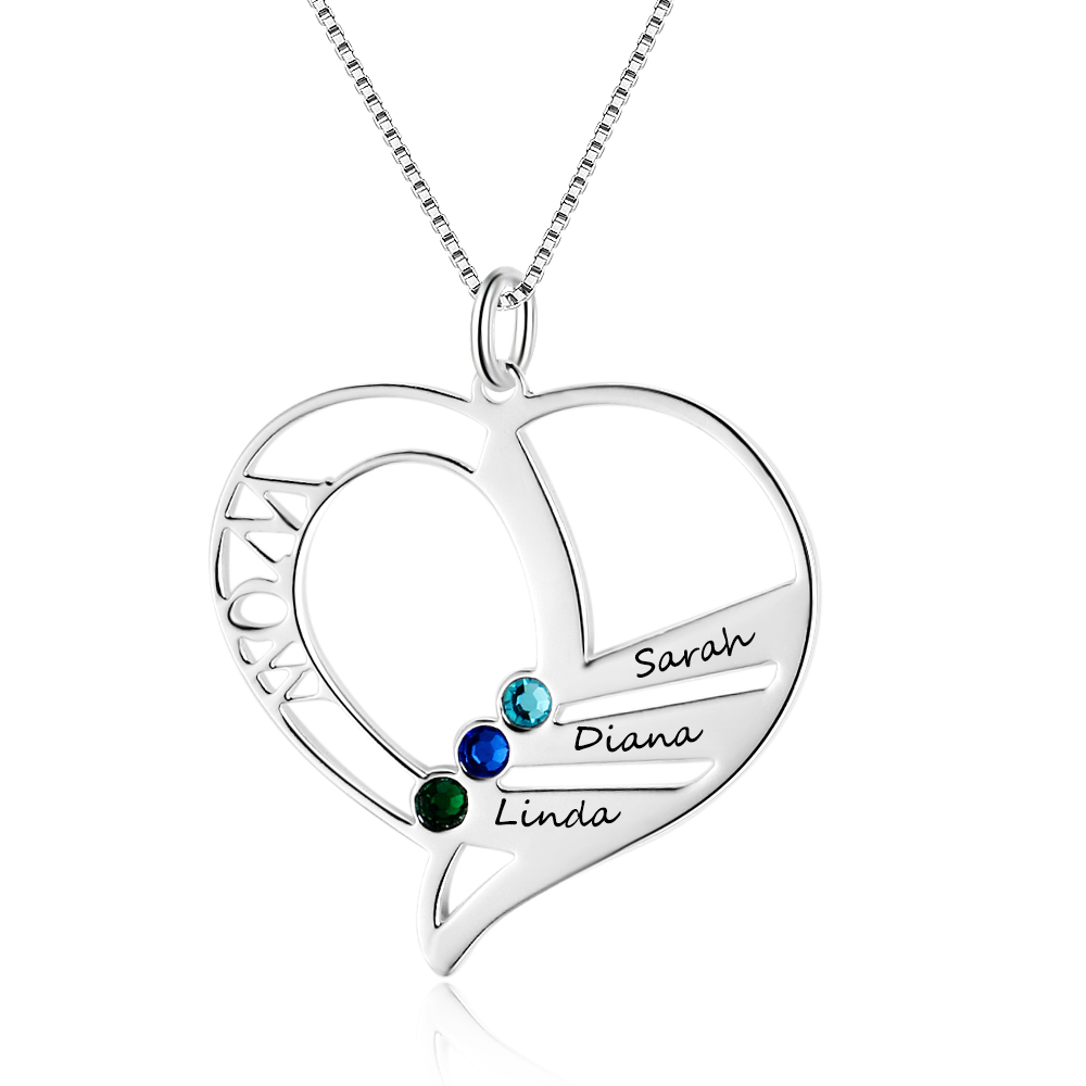 Personalised Heart Necklace With 3 birthstones Engraved Names Gift For Mother-Jessemade AU