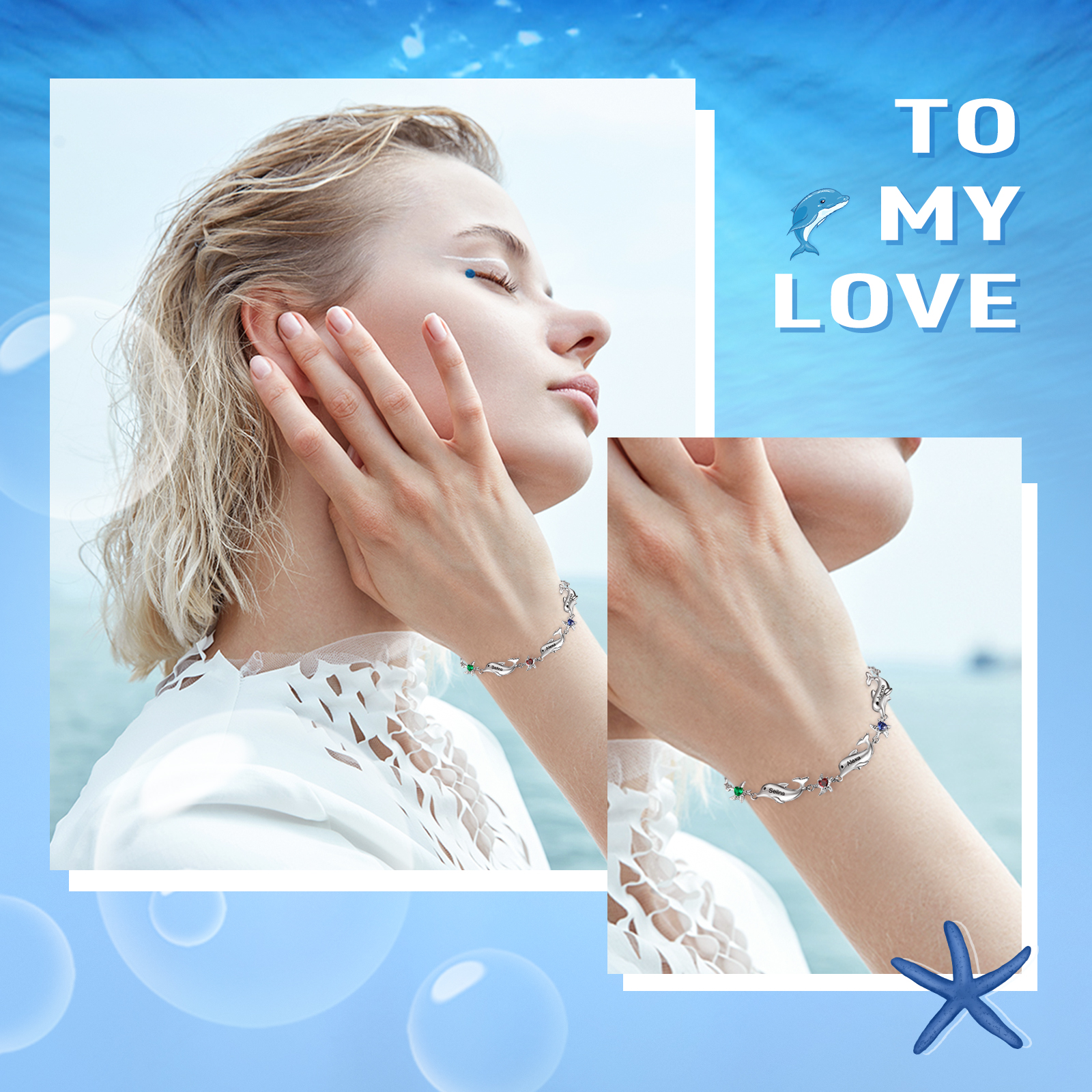 Animal Bracelet Personalised Dolphin Bracelet With 6 Birthstones Engraved Names Starfish Charm Gifts For Her-Jessemade AU