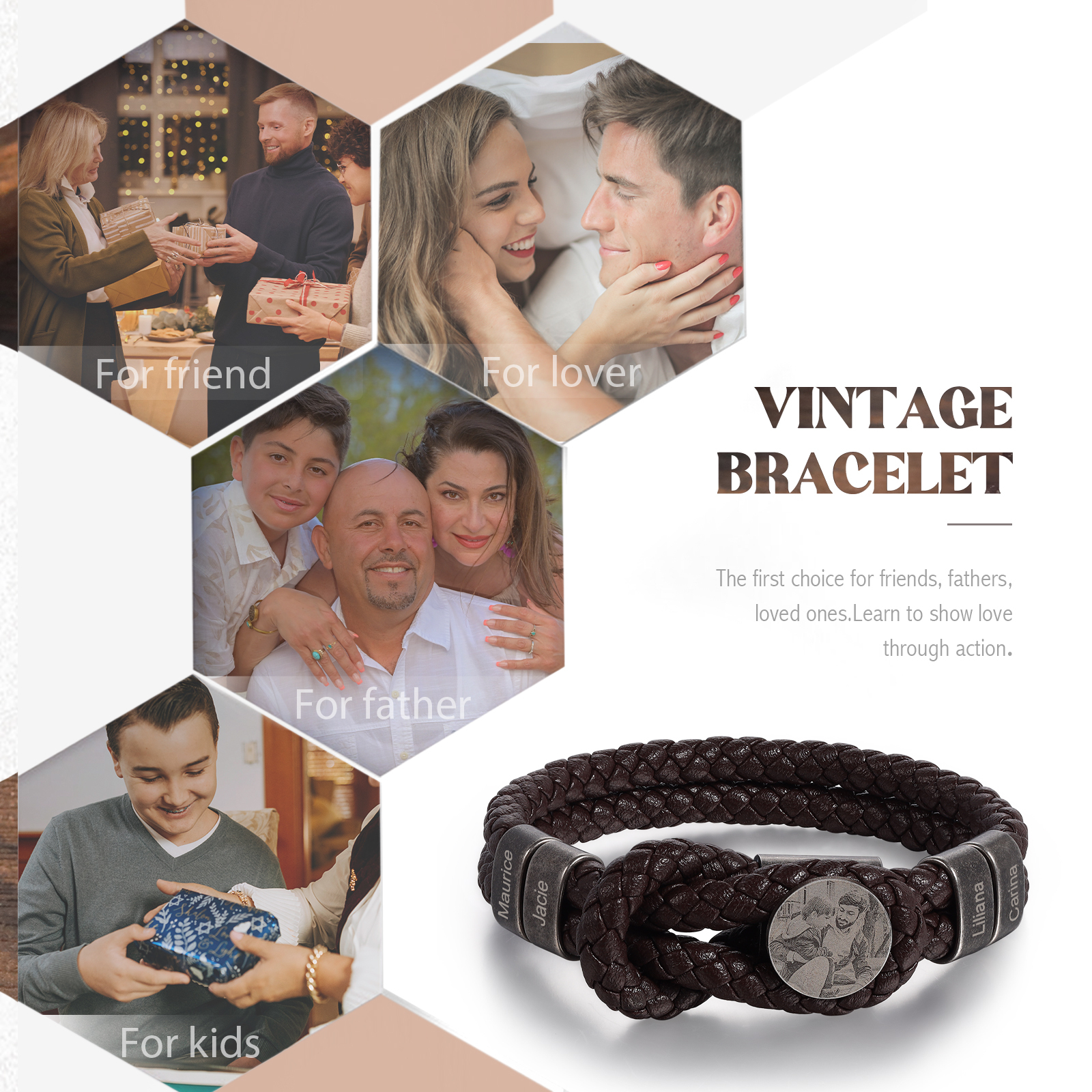 Personalised Men's Photo Bracelets Engraved 4 Names Multi Layered Vintage Braided Bracelet for Him-Jessemade AU