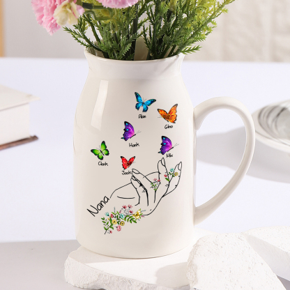Personalised Ceramic Flower Vase Custom 2–8 Names & 1 Text Butterfly In Hand Vase Gift for Mother/Grandma-Jessemade AU