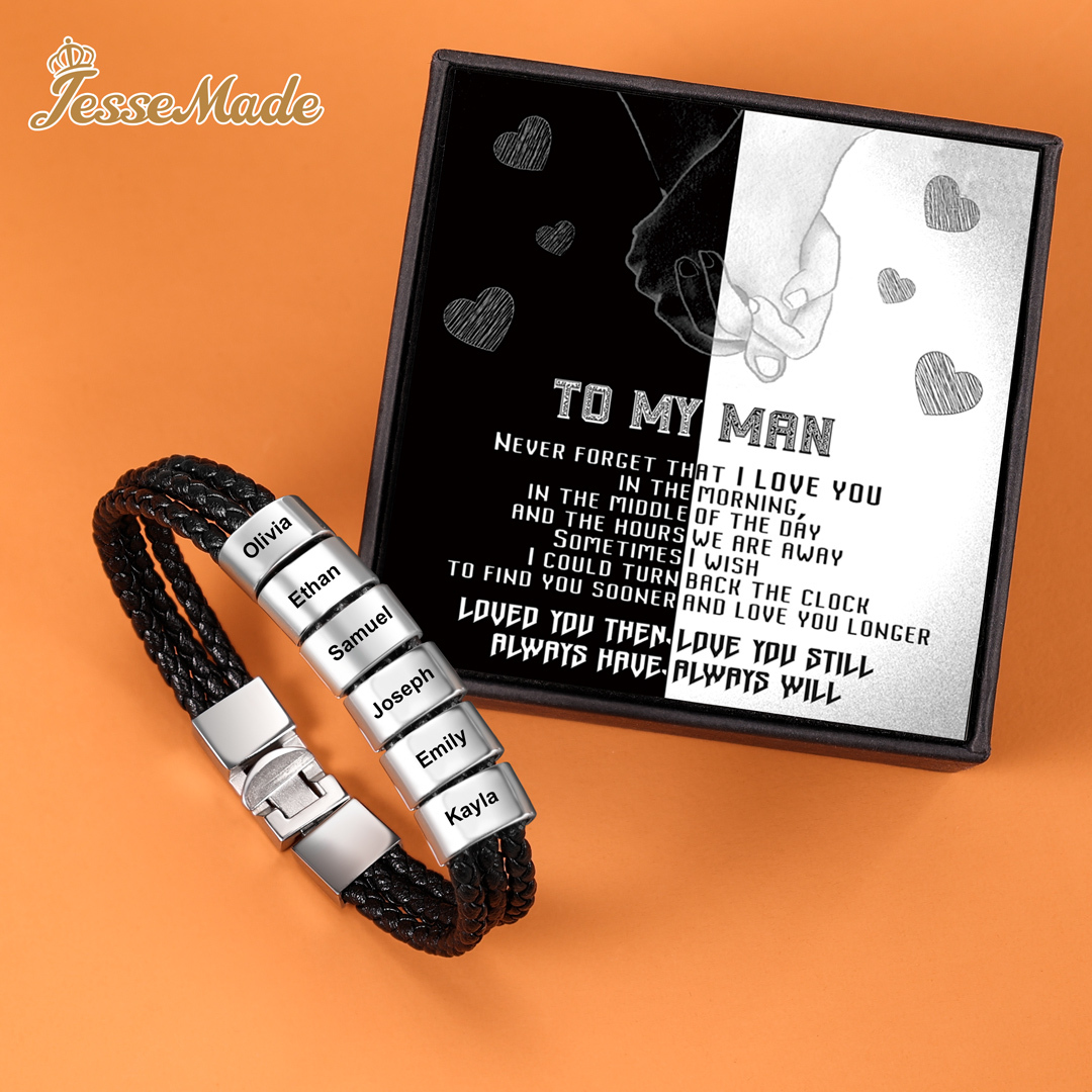 Personalised Braided Leather Bracelet Engraved 6 Names Men's Bracelet Gifts For Him-Jessemade AU