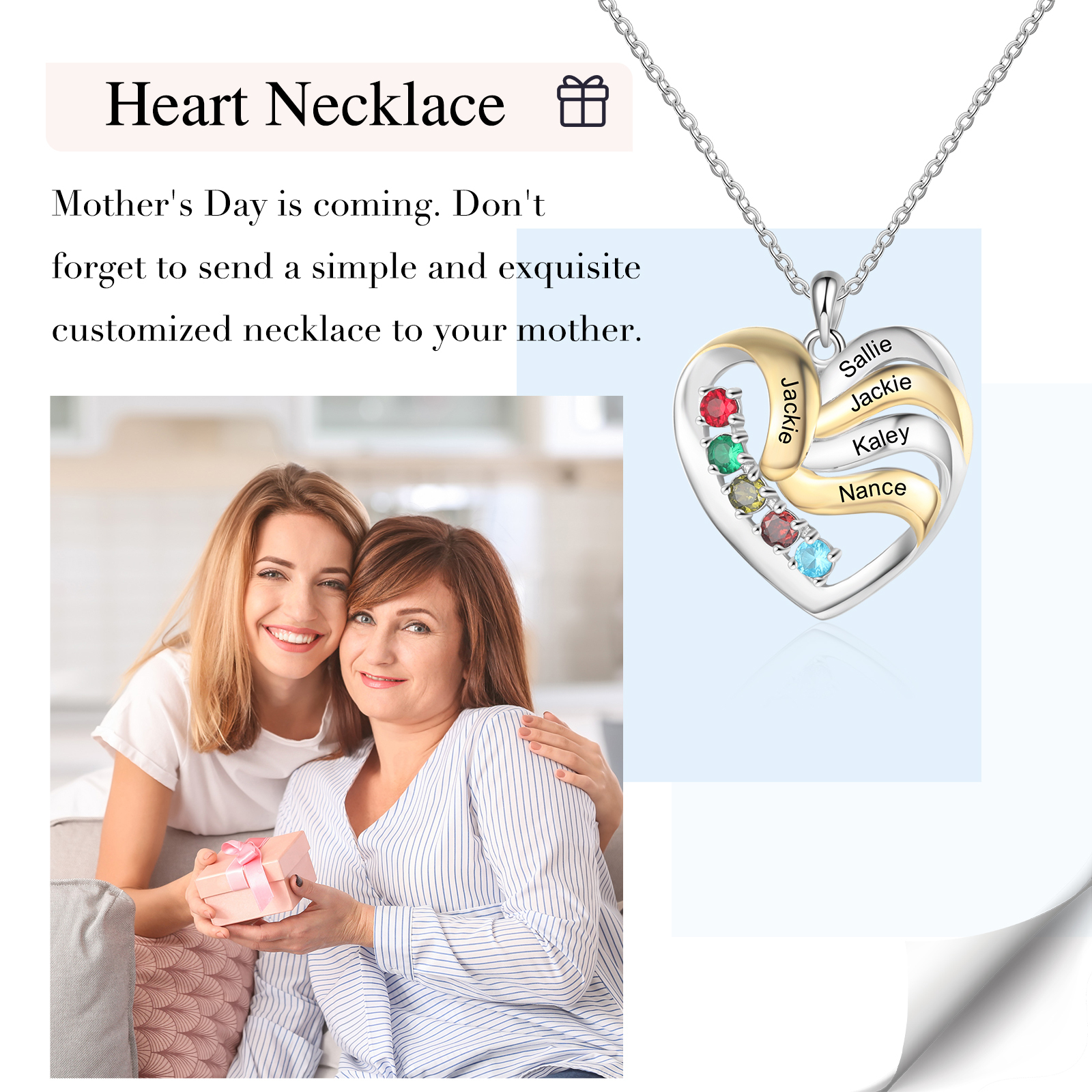 Personalised Heart Necklace with 5 Birthstones Engrave Names Family Necklace for Mom-Jessemade AU