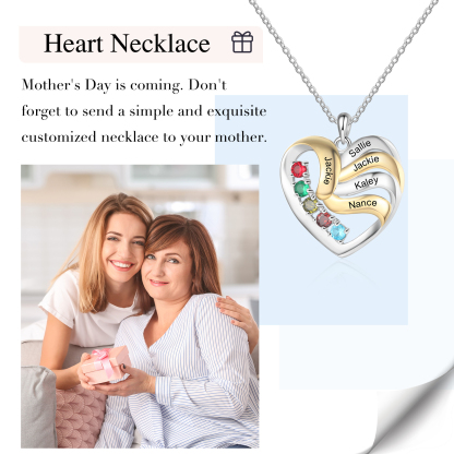 Personalised Heart Necklace with 5 Birthstones Engrave Names Family Necklace for Mom-Jessemade AU