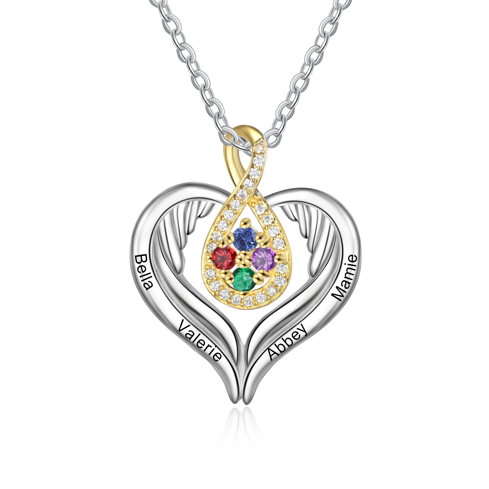 Personalised Drop Heart wings Necklace with 4 Birthstones Engraved Names Best Gift For Women-Jessemade AU