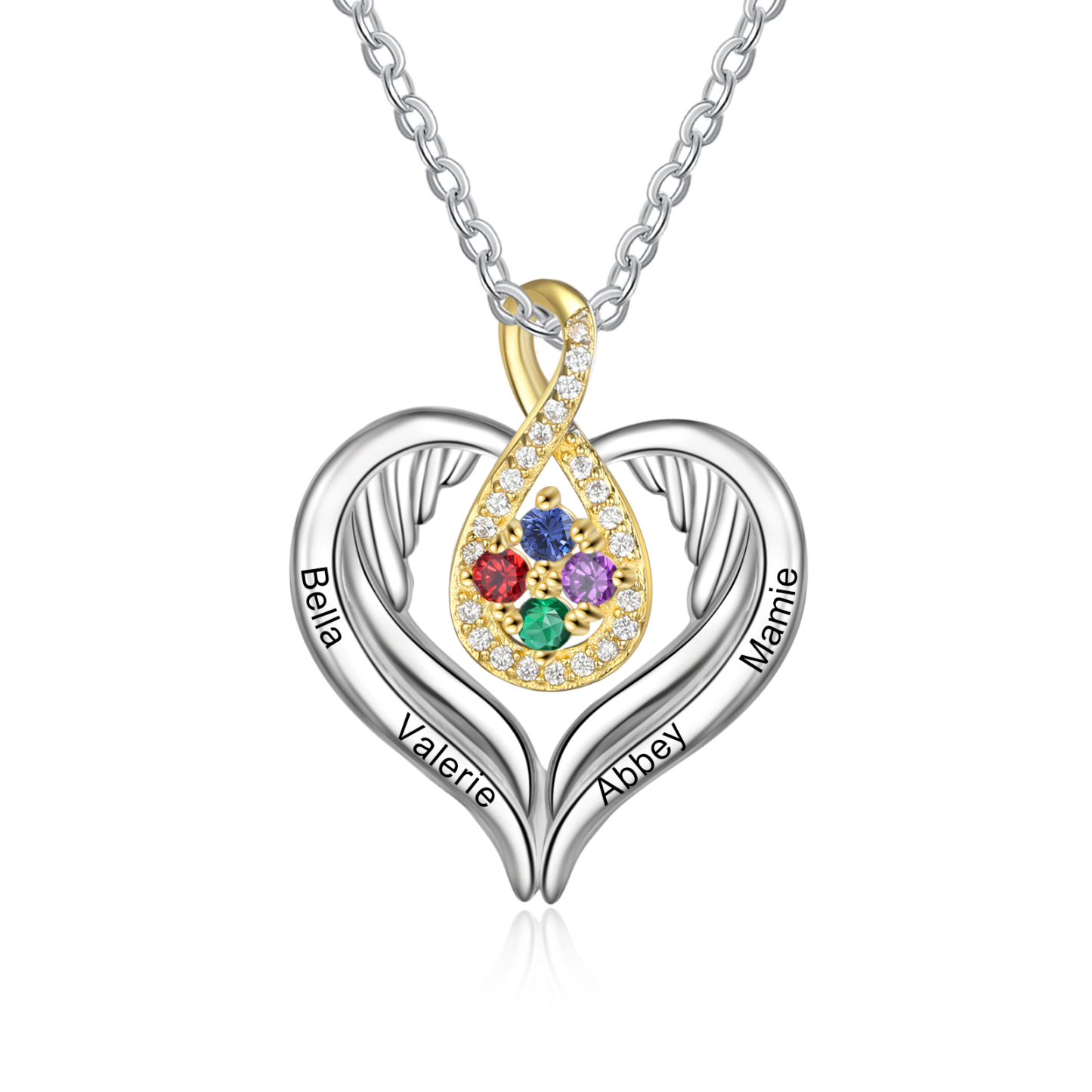 Personalised Drop Heart wings Necklace with 4 Birthstones Engraved Names Best Gift For Women-Jessemade AU