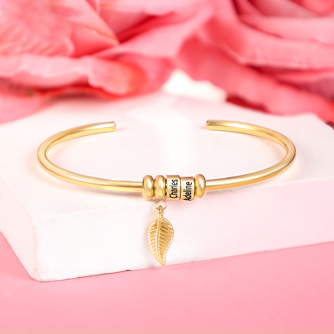 Women Bangle Bracelet with Leaf and Beads Engraved 1 Name Rose Gifts for Mother