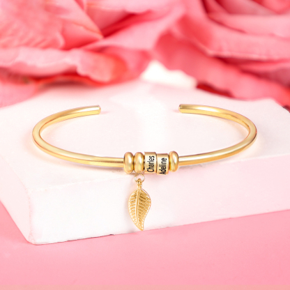 Women Bangle Bracelet with Leaf and Beads Engraved 1 Name Rose Gifts for Mother