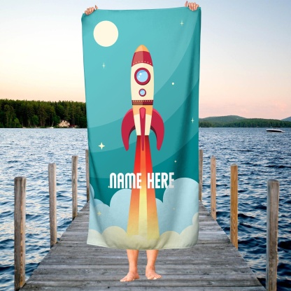 Personalised Beach Towel Customised 1 Name Rocket Ship Bath Towel Blanket Summer Gift for Family/Friends-Jessemade AU