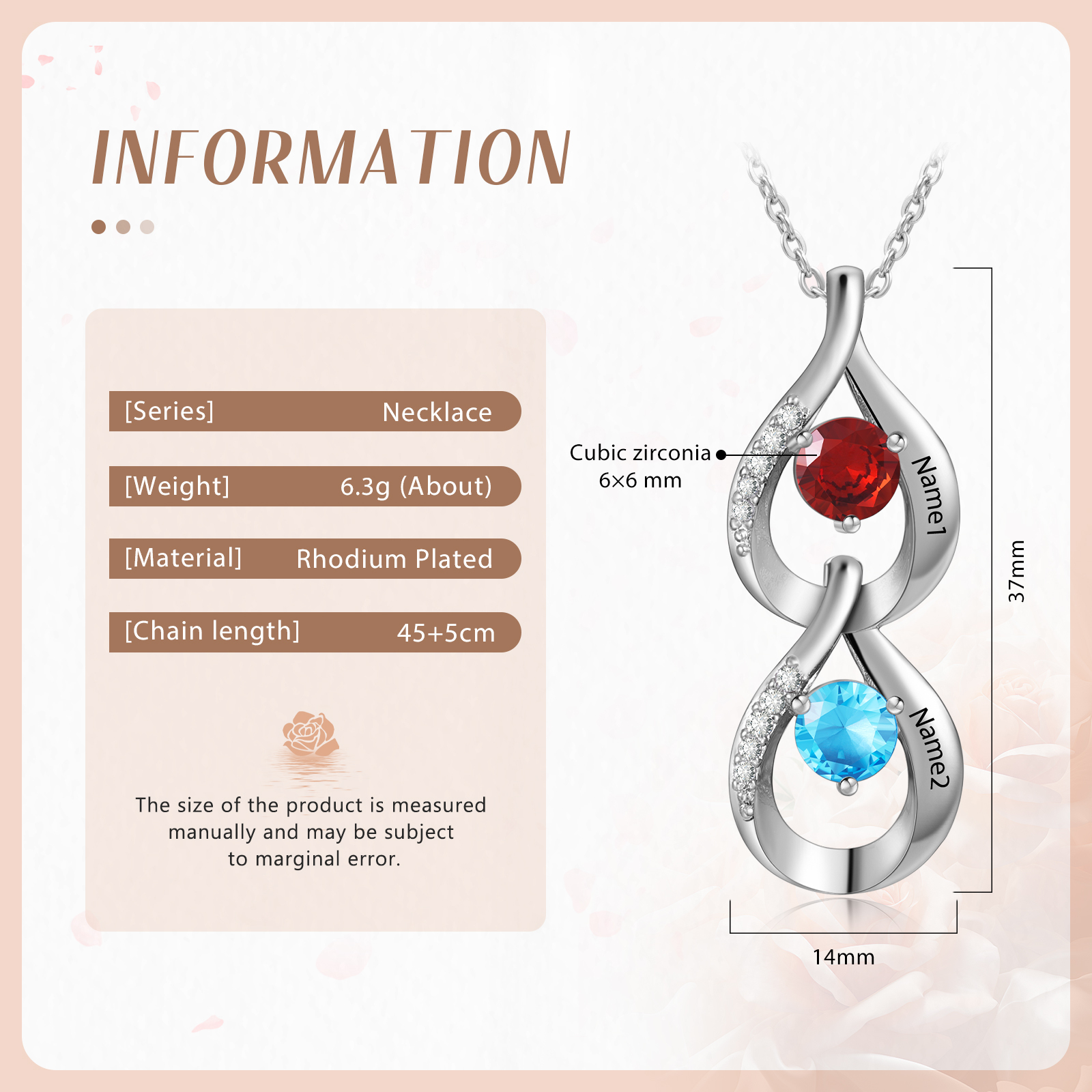 Personalised Teardrop Pendant Necklace Custom 2 Birthstones & 2 Names Necklace