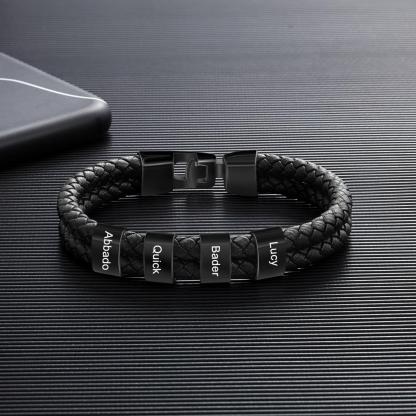 Personalised Braided Leather Bracelet Engraved 4 Names Men's Bracelet for Him-Jessemade AU