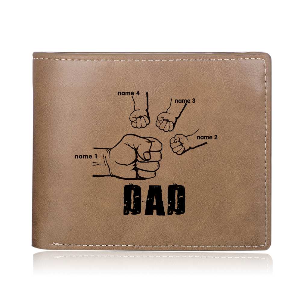 Personalised Leather Mens Wallet Engraved 4 Names Fist Bump Folding Wallet Father's Day Gifts-Jessemade AU