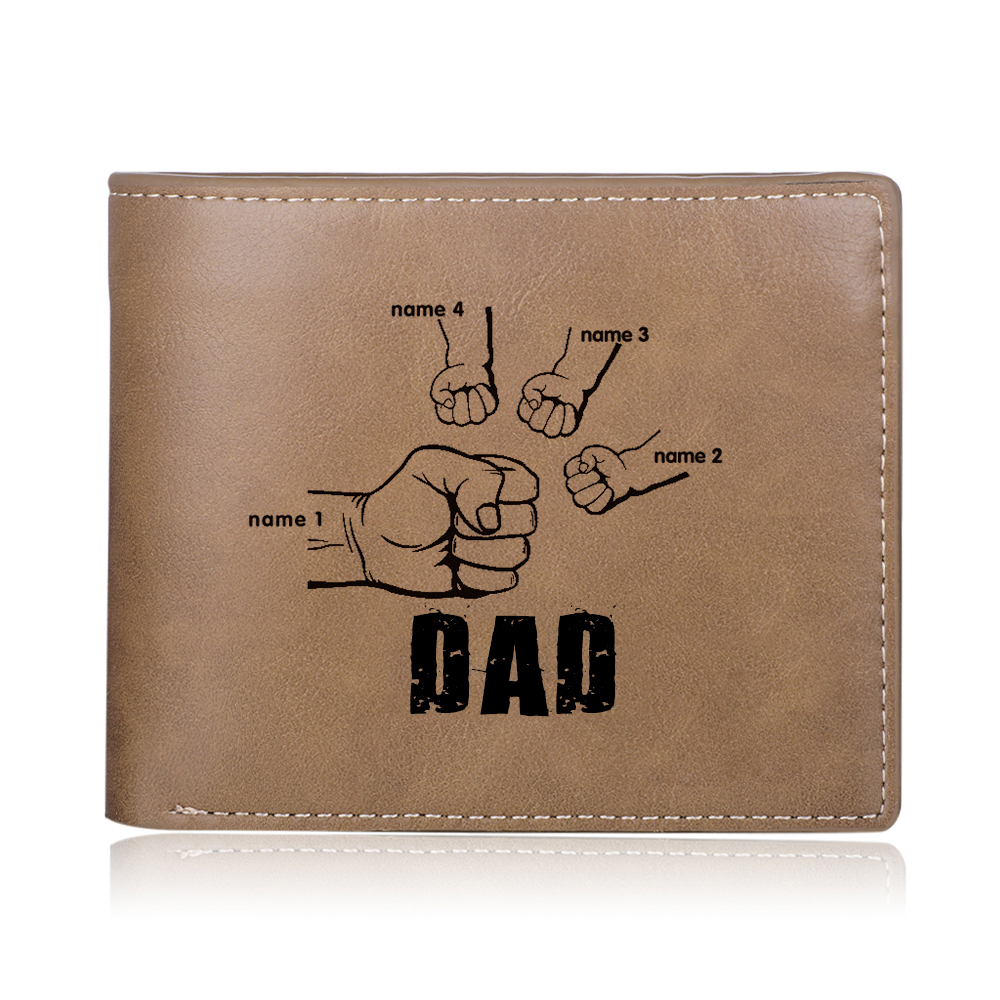 Personalised Leather Mens Wallet Engraved 4 Names Fist Bump Folding Wallet Father's Day Gifts-Jessemade AU
