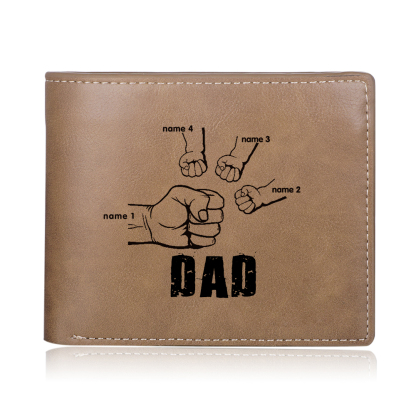 Personalised Leather Mens Wallet Engraved 4 Names Fist Bump Folding Wallet Father's Day Gifts-Jessemade AU