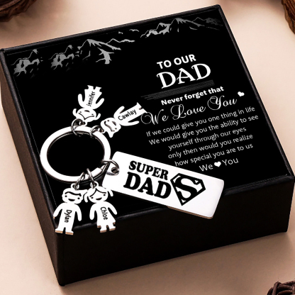 Father's Day Gift Personalised Super Dad Keychain Engraved 3 Kid Charms-Jessemade AU